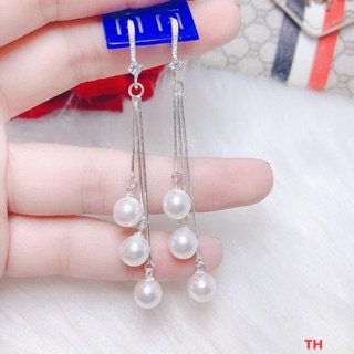 Bông tai bạc đang dài tua rua mix trai - TRANG SỨC BẠC