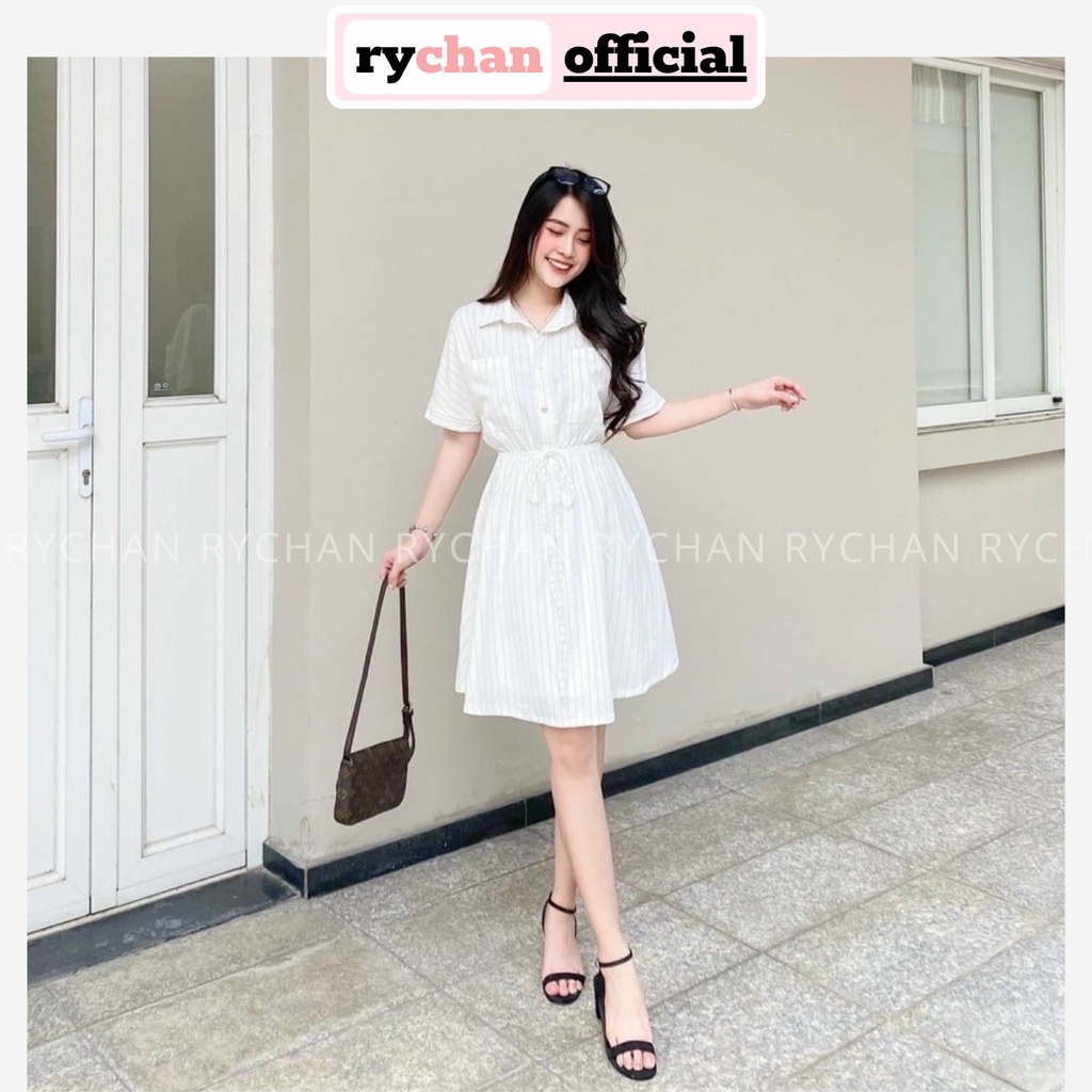 Đầm Nữ Đi Chơi Màu Trắng Form Ngắn Họa Tiết Sọc Kẻ 2 Túi Hộp Thắt Eo - DX9907