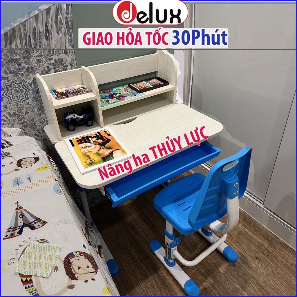 Bàn ghế học sinh Delux C80 cho bé, bàn chống gù chống cận kèm ghế có giá sách size 80cm