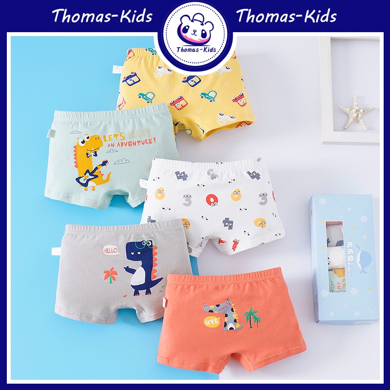 Bộ 5 Quần Lót Boxer 100% Cotton In Họa Tiết Khủng Long Hoạt Hình Cho Bé Trai 3-12 Tuổi