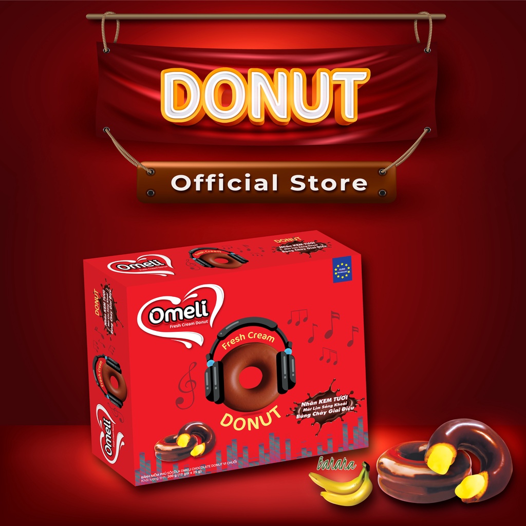 ⚡𝐅𝐑𝐄𝐄𝐒𝐇𝐈𝐏⚡ Bánh Donut Kem Tươi Vị Chuối ❤️ Thương Hiệu OMELI 300g (25g - 12 Chiếc)