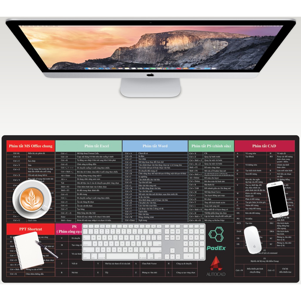 [CHỐNG NƯỚC] Miếng lót chuột/ Pad chuột in phim tắt Excel, MS-Office, Photoshop, Autocad cỡ lớn 800x300x4(mm)