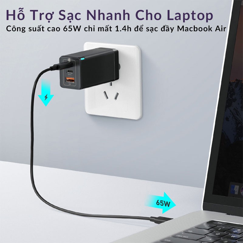 | Phiên Bản Mới | Củ Sạc Nhanh Baseus 65W GaN 2 Pro Sạc Cho Laptop macbook iPad iPhone Samsung Chân Dẹp Gập Tiện Lợi