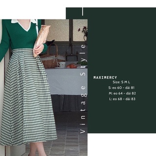 Chân váy midi chữ A hoạ tiết caro Vintage