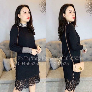 Váy len cao cổ bo tay phối ren