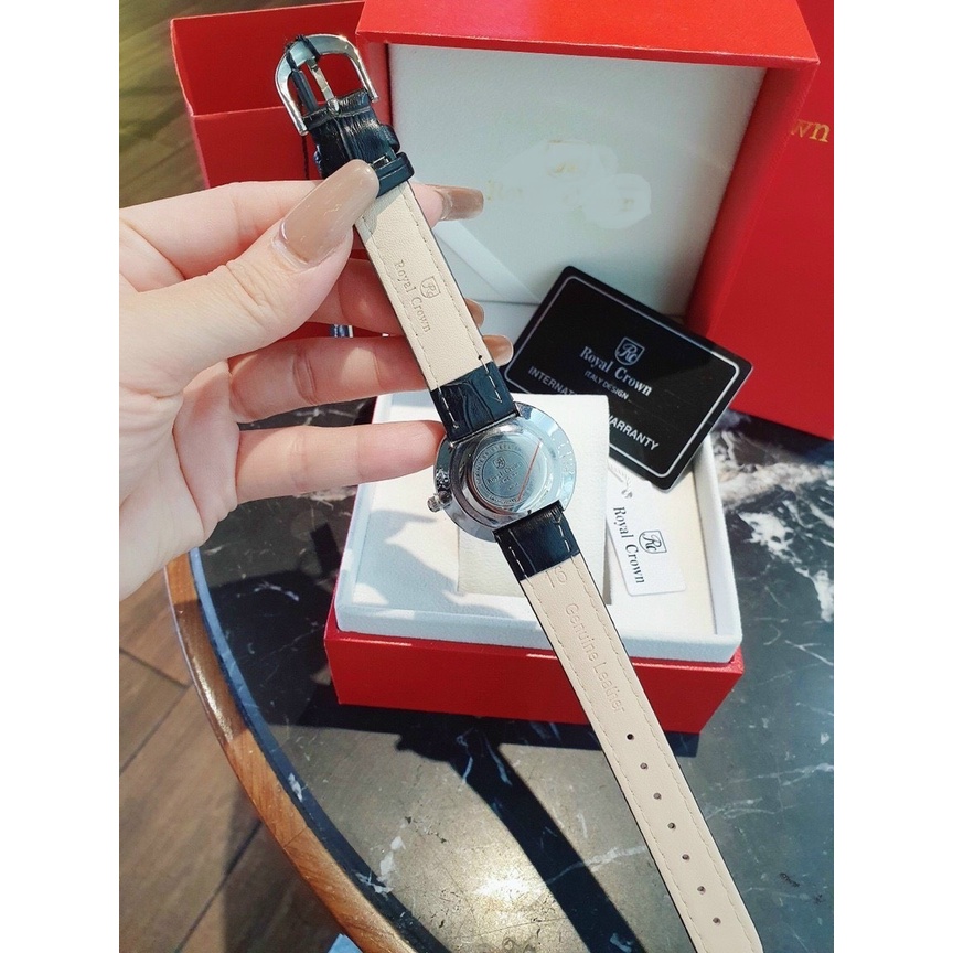 Đồng hồ nữ dây da RCrown32 thời trang đính đá dây đen mặt trắng