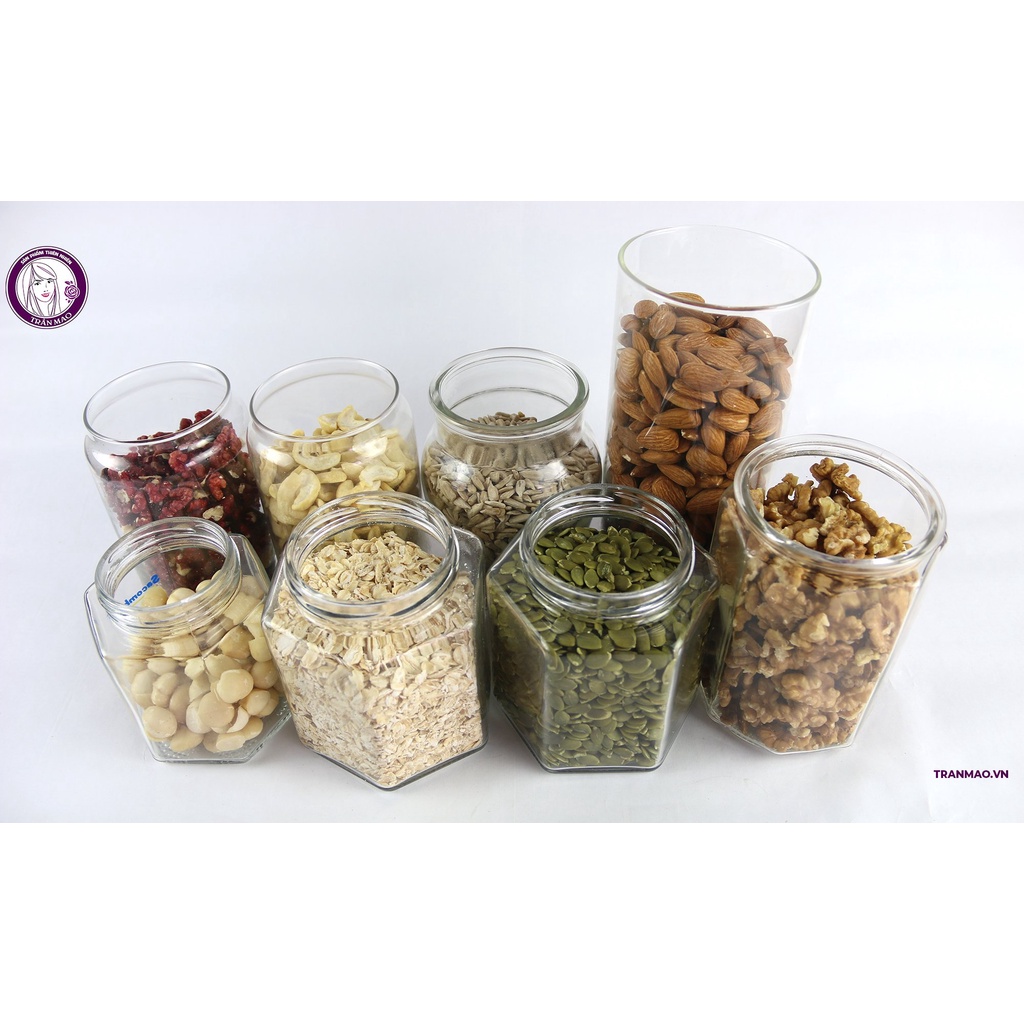 Combo 5 loại hạt làm sữa 100gr/ loại (nhân óc chó đỏ, nhân hạt điều, nhân macca, hạnh nhân sống, đậu hà lan) 500gr