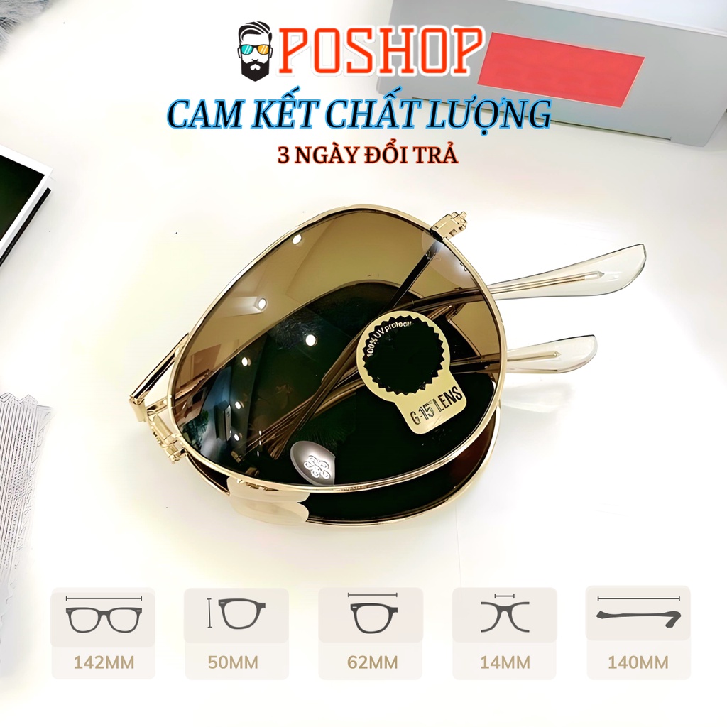 Kính mát thời trang gấp gọn nam nữ cao cấp POSHOP gọng kim loại tròng thuỷ tinh cường lực chống tia uv dễ đeo R3479