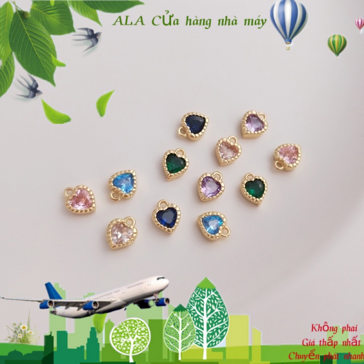 💖Trang sức DIY phụ kiện💖Mặt Dây Chuyền Mạ Vàng 14k Hình Trái Tim Đính Đá Zircon Nhiều Màu Sắc
