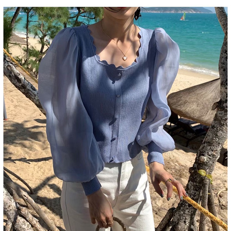 Áo chiffon dệt kim cổ vuông phong cách retro cho nữ