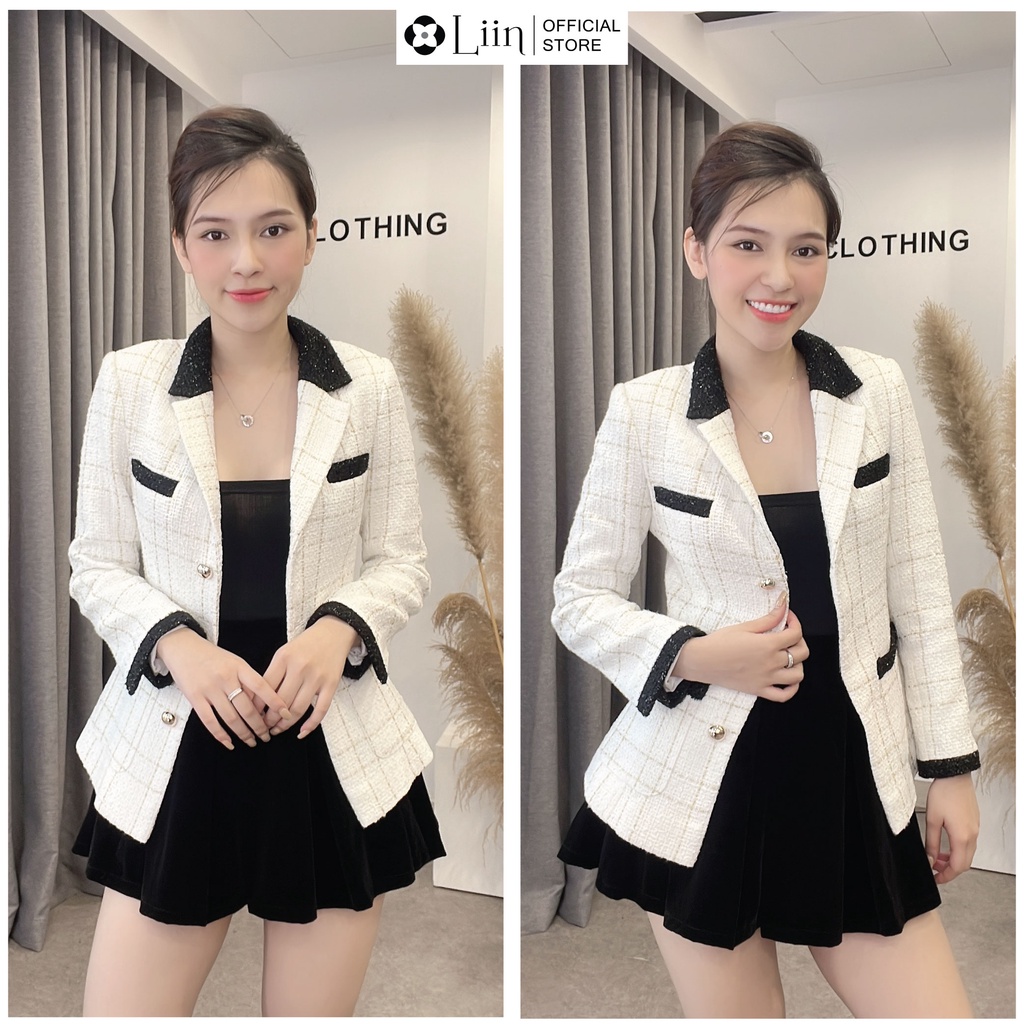 Áo vest dạ tweed màu trắng viền đen phong các sang trọng, thời thượng Liin Clothing V5414