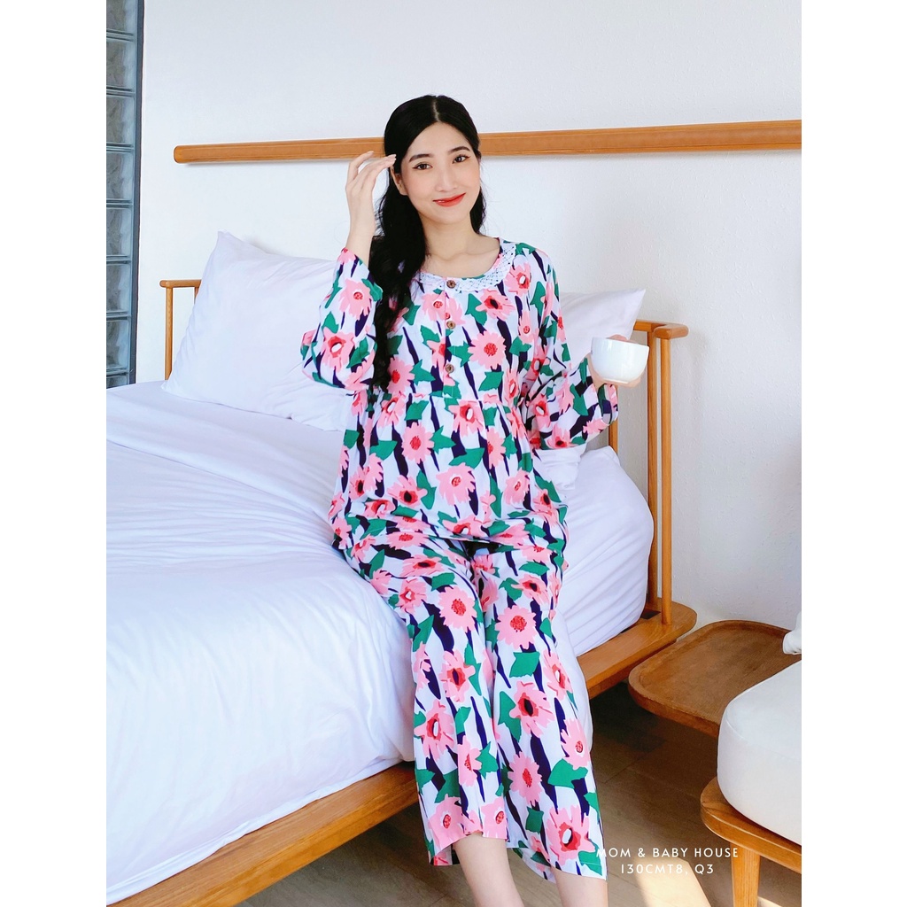 Bộ tôn 2 da thái bầu 2in1 kết hợp sau sinh tay dài cài cúc mặc nhà
