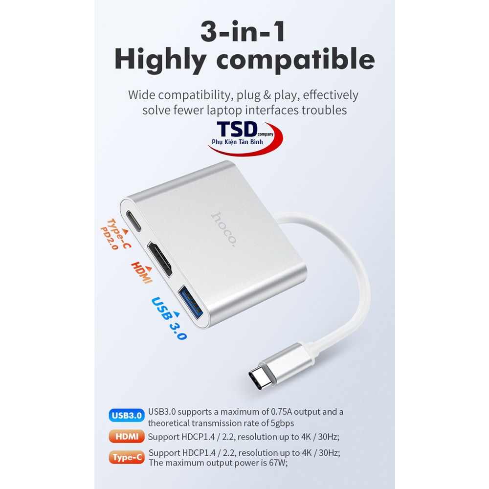 Hub Chuyển Type C Ra USB 3.0 , HDMI &amp; PD 2.0 Hoco HB14 Chính Hãng