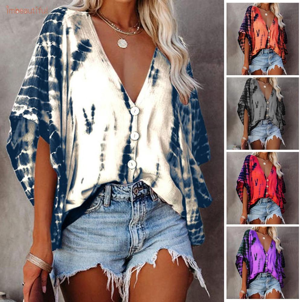 T-Shirt Bat Sleeve Casual Plus Size Summer Tee Tops Tie-dye V Neck Practical