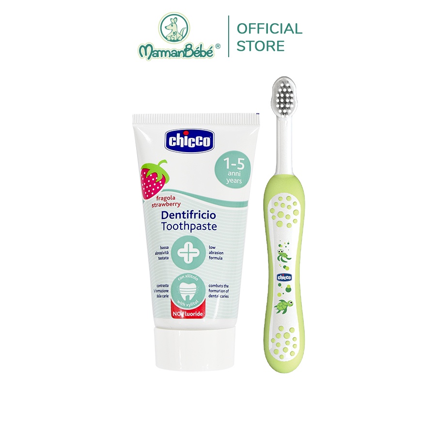 Combo Kem đánh răng hương Dâu 50ml Chicco 12M+ &amp; Bàn chải đánh răng Chicco