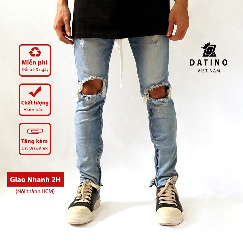 Quần jean skinny nam Streetwear DATINO xanh rách gối form co giãn ống khóa Zipper, bền màu