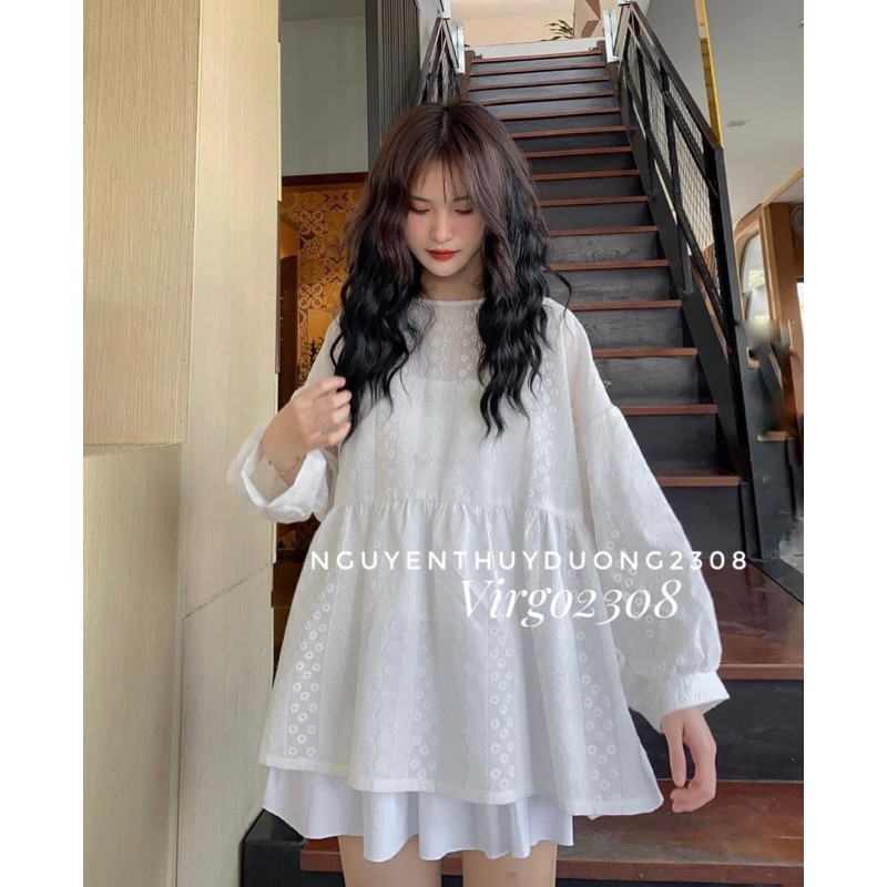 [Ảnh thật/Sẵn]Áo babydoll thô ren hoa nổi dáng rộng/Áo babydoll form rộng Ulzzang