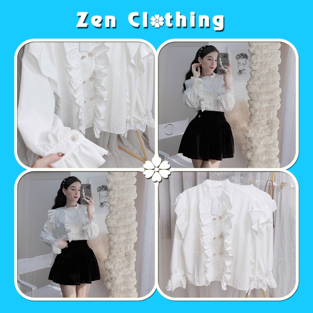 Áo sơ mi nữ cúc ngọc viền bèo tiểu thư áo sơ mi trắng nữ cổ tròn công sở Zen Clothing Zen061