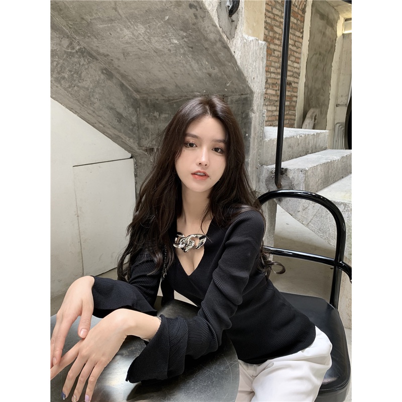 HUANG YOYO Áo Dệt Kim Đen Tay Dài Cổ Chữ V Xẻ Tà Dáng Ôm Phong Cách Hàn Quốc Thời Trang Cho Nữ