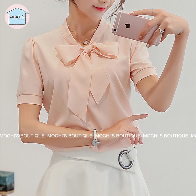 Áo kiểu nữ công sở, mẫu áo sơ mi tay ngắn thắt nơ điệu đà, chất liệu mềm mịn thoáng mát không nhăn - M315