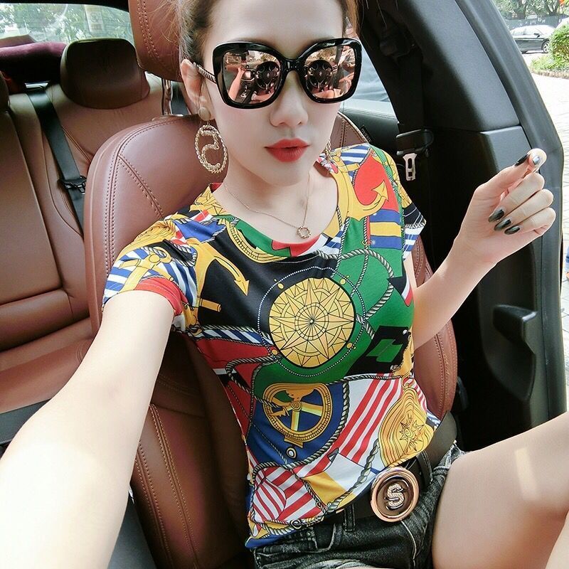 Áo thun tay ngắn cổ tròn in họa tiết phong cách mùa hè sành điệu cho phái nữ