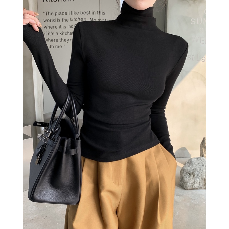 Áo Thun Tay Dài Cổ Lọ Màu Trơn Dáng Ôm Thời Trang Dành Cho Nữ