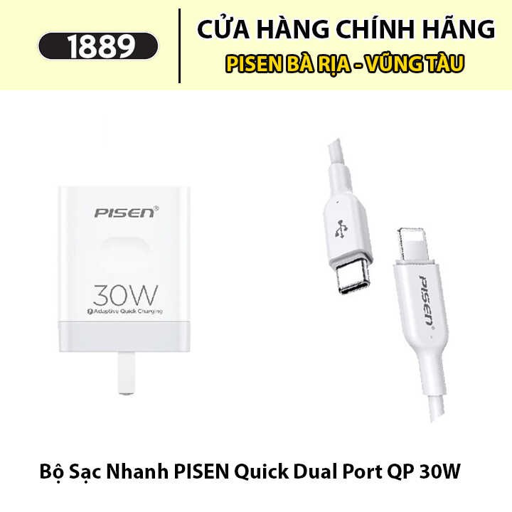 Bộ Sạc Pisen Quick QP 30W 2 cổng 1xUSB 1xType-C (Kèm Cáp Sạc Nhanh Lightning & Type-C 3A)