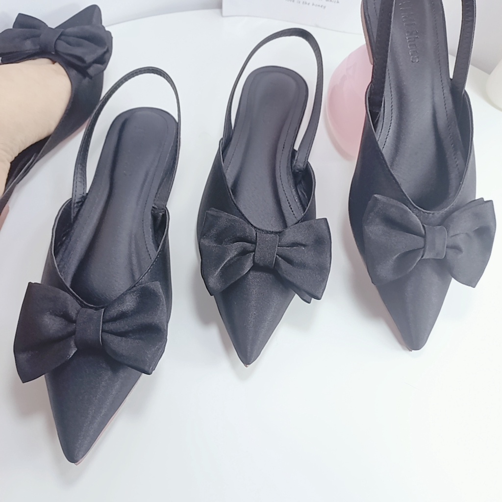 Giày nữ slingback thắt nơ lụa satin thanh lịch hè 2022-giày bệt nữ mũi nhọn mẫu mới bền đẹp giá tốt mã SLNGBACK