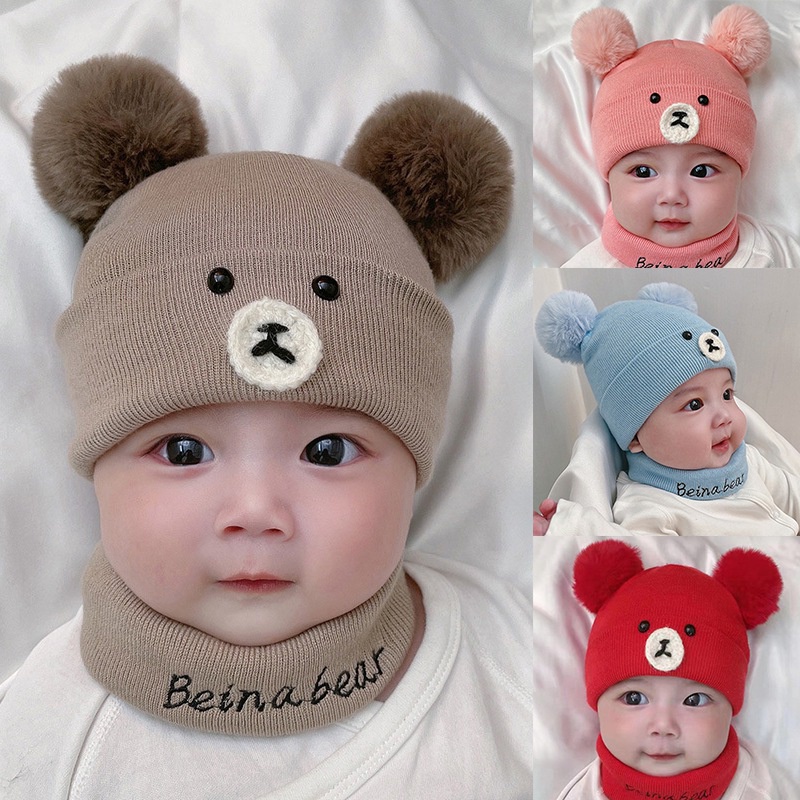 Set mũ trùm đầu kèm khăn choàng cổ dệt kim giữ ấm cho bé từ 3-12 tháng tuổi