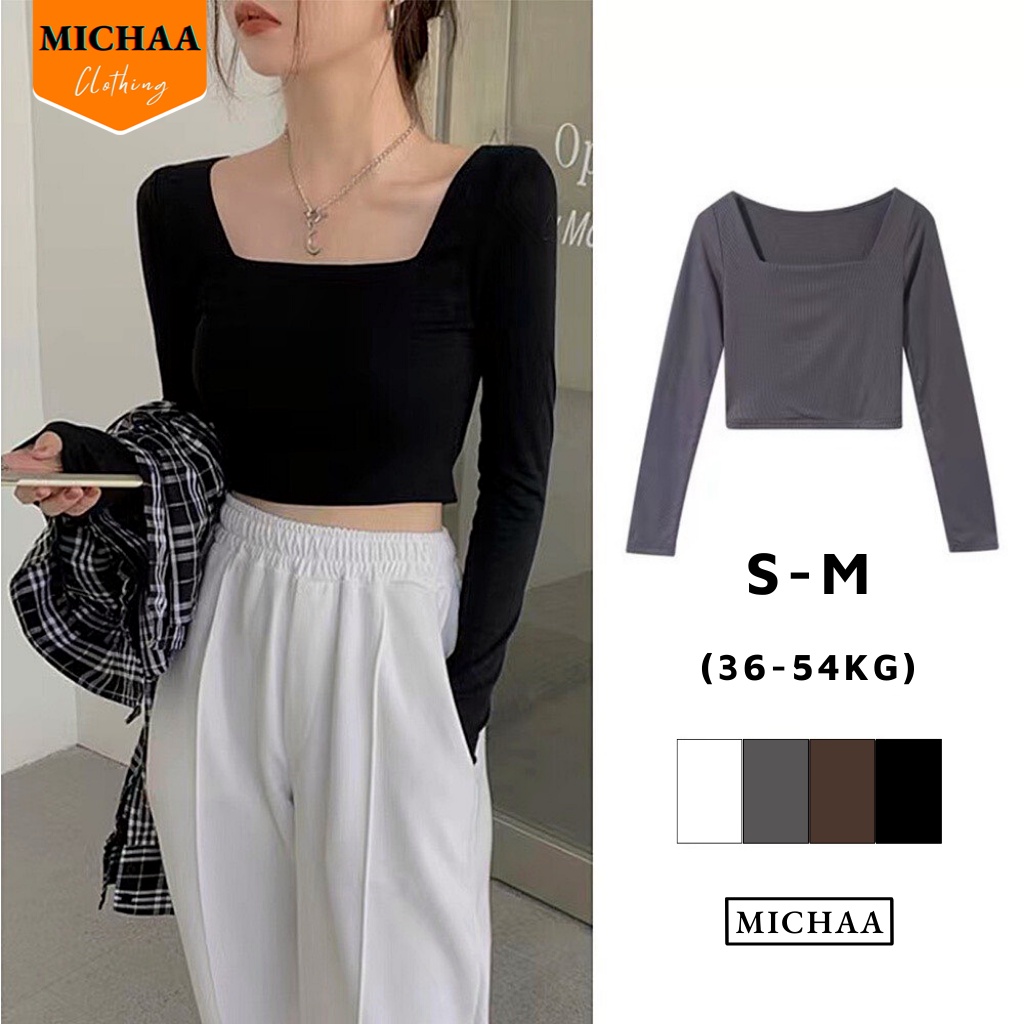 Áo Croptop TAY DÀI CỔ VUÔNG Nữ Thun Borip Ulzzang Cổ Vuông Kiểu Ôm Body Đẹp - MICHAA