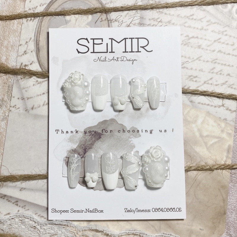Nail Box thiết kế theo yêu cầu - nail cô dâu màu trắng đính hoa TUE188