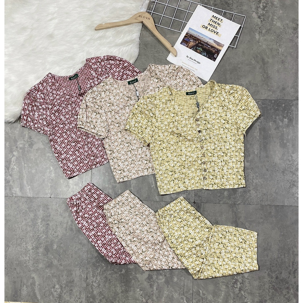 Bộ đồ ngủ thô Kenva nữ. Set đồ ngủ mặc nhà chất thô mềm mại, họa tiết hoa nhí, cổ tim tay phồng dáng quần ngố thỏa mái