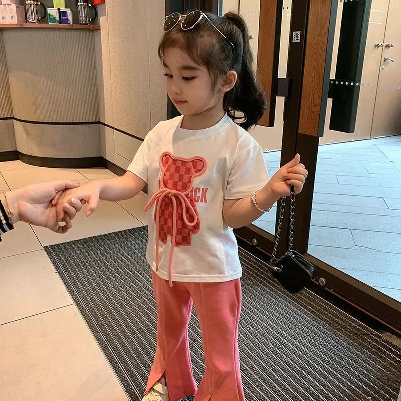 Bộ Áo Thun Ngắn Tay In Hoạt Hình + Quần Short Ống Loe Thời Trang Mùa Hè Cho Bé Gái