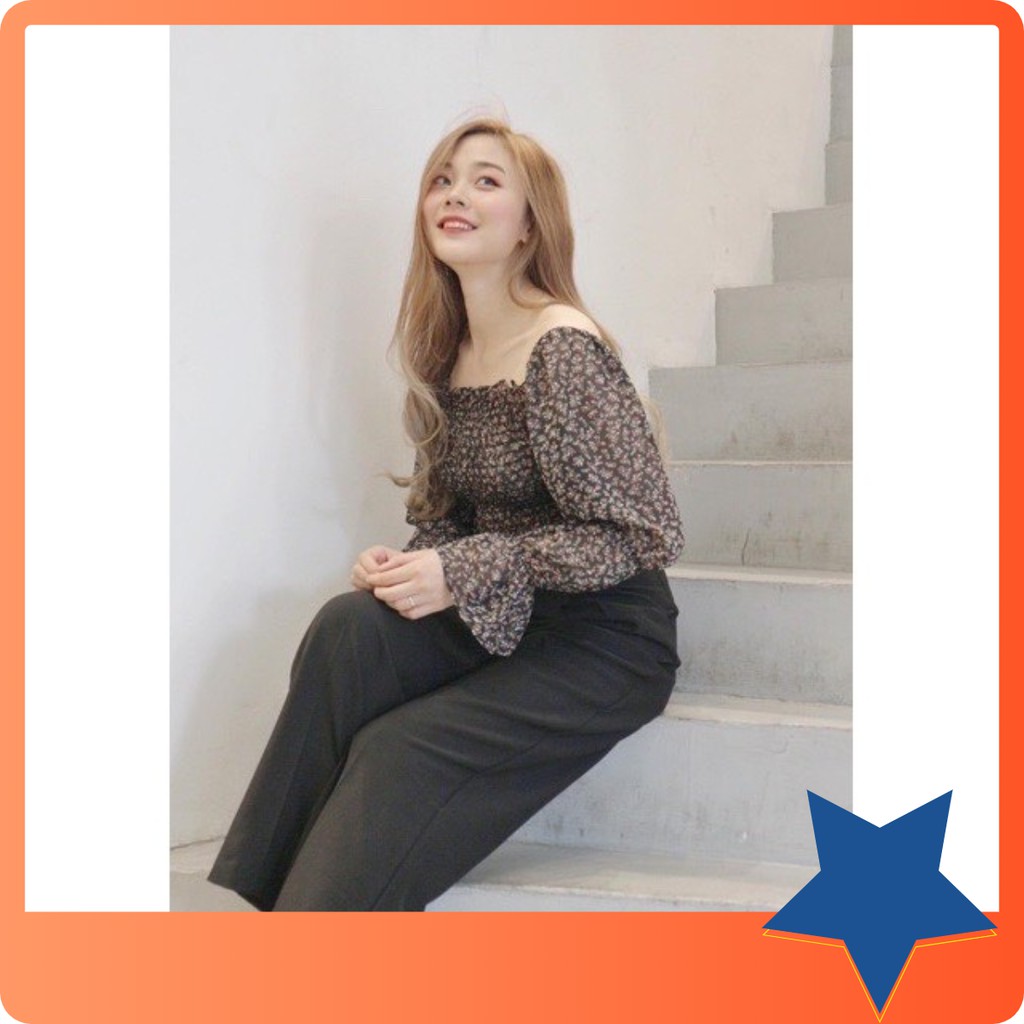 [Thiết kế] ÁO NHÚNG HOA BỆT VAI TAY DÀI VOAN hàng thiết kế