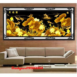 Tranh thêu chữ thập cá chép sen vàng tuyệt đẹp kt 149*66cm