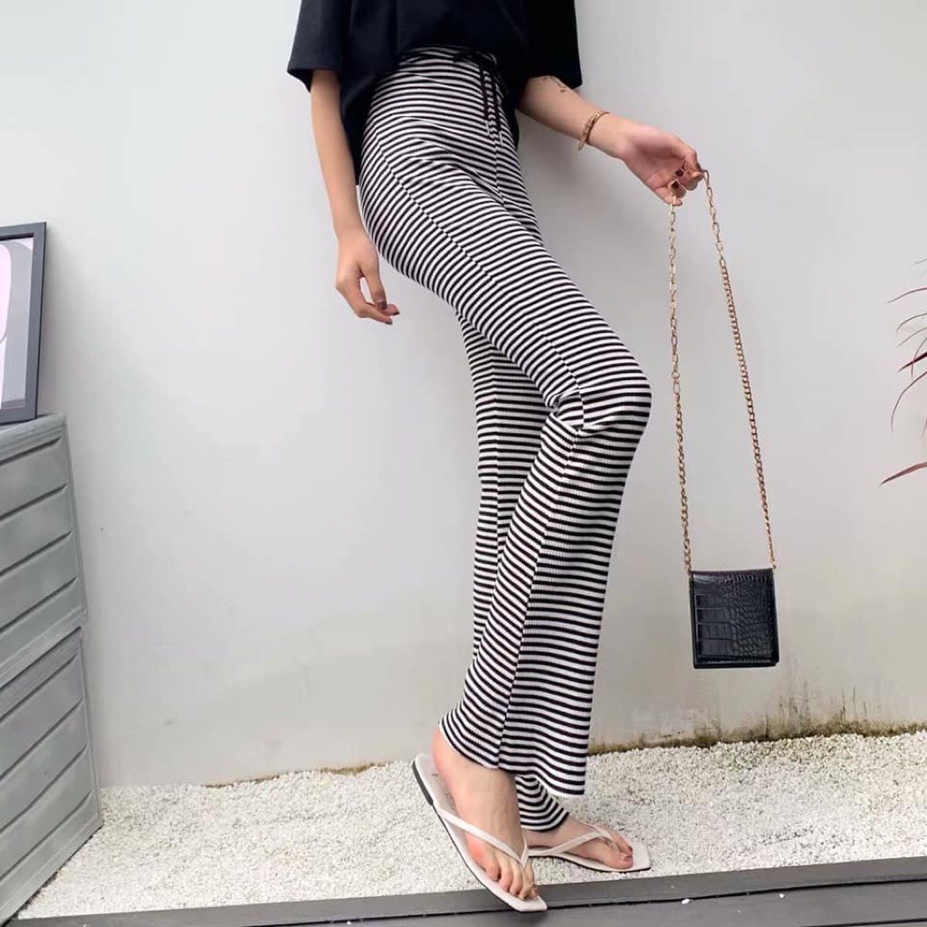 Quần legging ôm ống loe cạp cao dáng dài sọc kẻ Tanii Clothing
