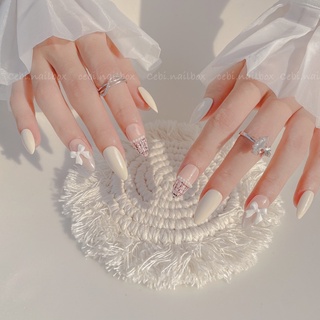 Móng giả thiết kế kẻ dạ C022 gắn nơ (tặng kèm keo dũa)  cebi.nailbox