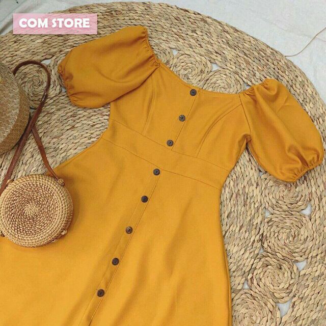 Váy vàng tay phồng bẹt vai vintage nút trước