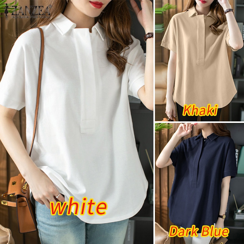 Áo kiểu nữ ZANZEA tay ngắn màu trơn phong cách Hàn Quốc
