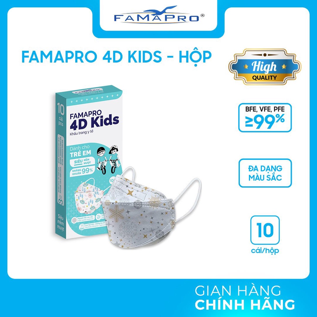 [4D KIDS HỘP 10 CÁI] Khẩu trang 4D KIDS (kf94) Famapro 3 lớp kháng khuẩn cao cấp cho bé 3-6 tuổi (10 cái/ hộp)