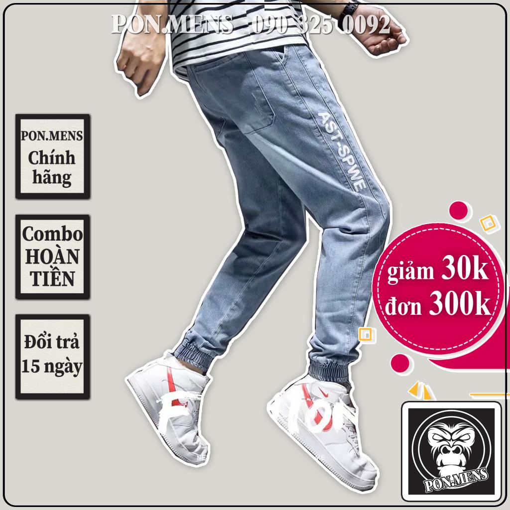 Quần Jogger Jeans nam màu xanh chữ in bó gấu lưng chun 708 pon.mens
