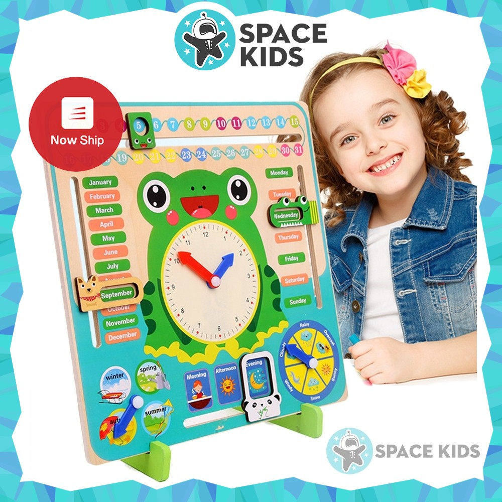 Đồ chơi cho bé Bảng lịch, đồng hồ con ếch bằng gỗ Space Kids cho bé học lịch, thời tiết, thời gian bằng Tiếng Anh