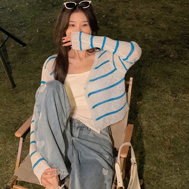Áo Cardigan Dệt Kim Tay Dài Kẻ Sọc Thời Trang