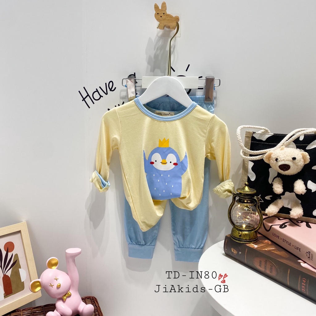 Bộ Dài Tay THUN LẠNH MINKY MOM In Thân Áo Phối Màu Viền Quần Cho Bé TD-IN80