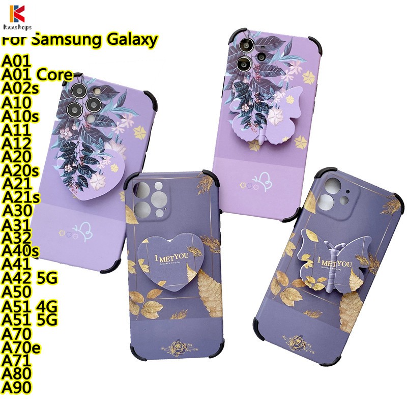 Samsung Galaxy A42/A50/A51 5G/A70/A70e/A71/A80 Leaf Shockproof Hard Phone Case Butterfly PC Back Cover Pop-up Bracket Landyard