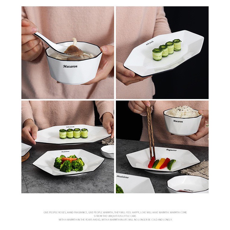 Bát cơm lục giác trắng viền đen đơn giản, tô canh bằng sứ cao cấp, phụ kiện bàn ăn: 6.56
