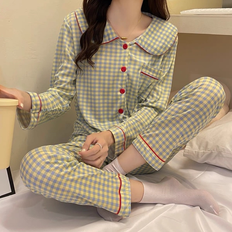 Bộ đồ ngủ pyjama mặc nhà sọc caro xanh viền đỏ siêu đáng yêu | BigBuy360 - bigbuy360.vn