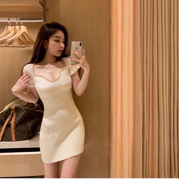 Đầm SUXI dệt kim ngắn tay màu sắc đơn giản thời trang hè cho nữ