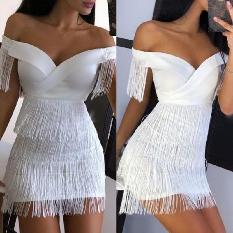 Đầm trễ vai màu trơn phối tua rua thời trang quyến rũ cho nữ