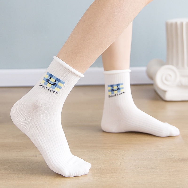 Vớ tất trắng cổ cao xoăn lai họa tiết Heho smile xanh pastel Ullzang